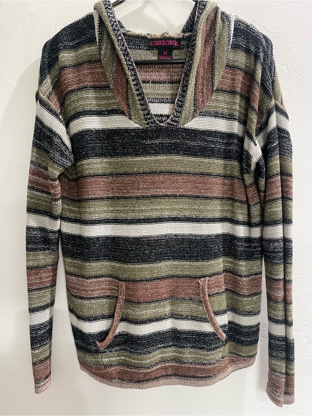 Rock & Roll Cowgirl Olive, Black & Cream Striped V-Neck Hoodie Sweater